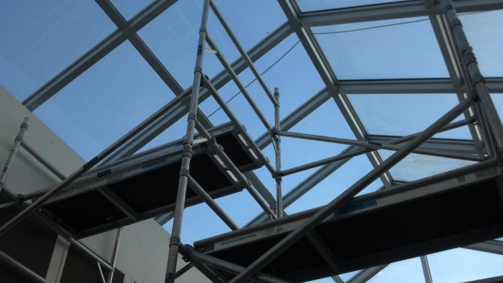 Glass roof and its supporting framework during installation